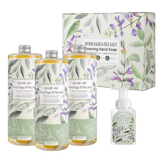 ROMIIE ZOI Foaming Hand Soap Refill Gift Set – Wood Sage & Sea Salt Scent – 3 Pack (1000ML Each) with Dispenser, Gentle & Moisturizing Plant-Based Formula – Bulk Refill Bottles for Bathroom & Kitchen