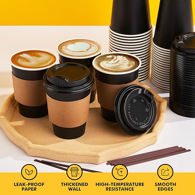 RACETOP 50 Pack 12 oz Coffee Cups with Lids, Black Disposable Coffee Cups with Lids, Sleeves and Stirring Sticks, Hot Paper Coffee Cup 14 oz for Hot Drinks, Parties, Picnic, Travel, and Events