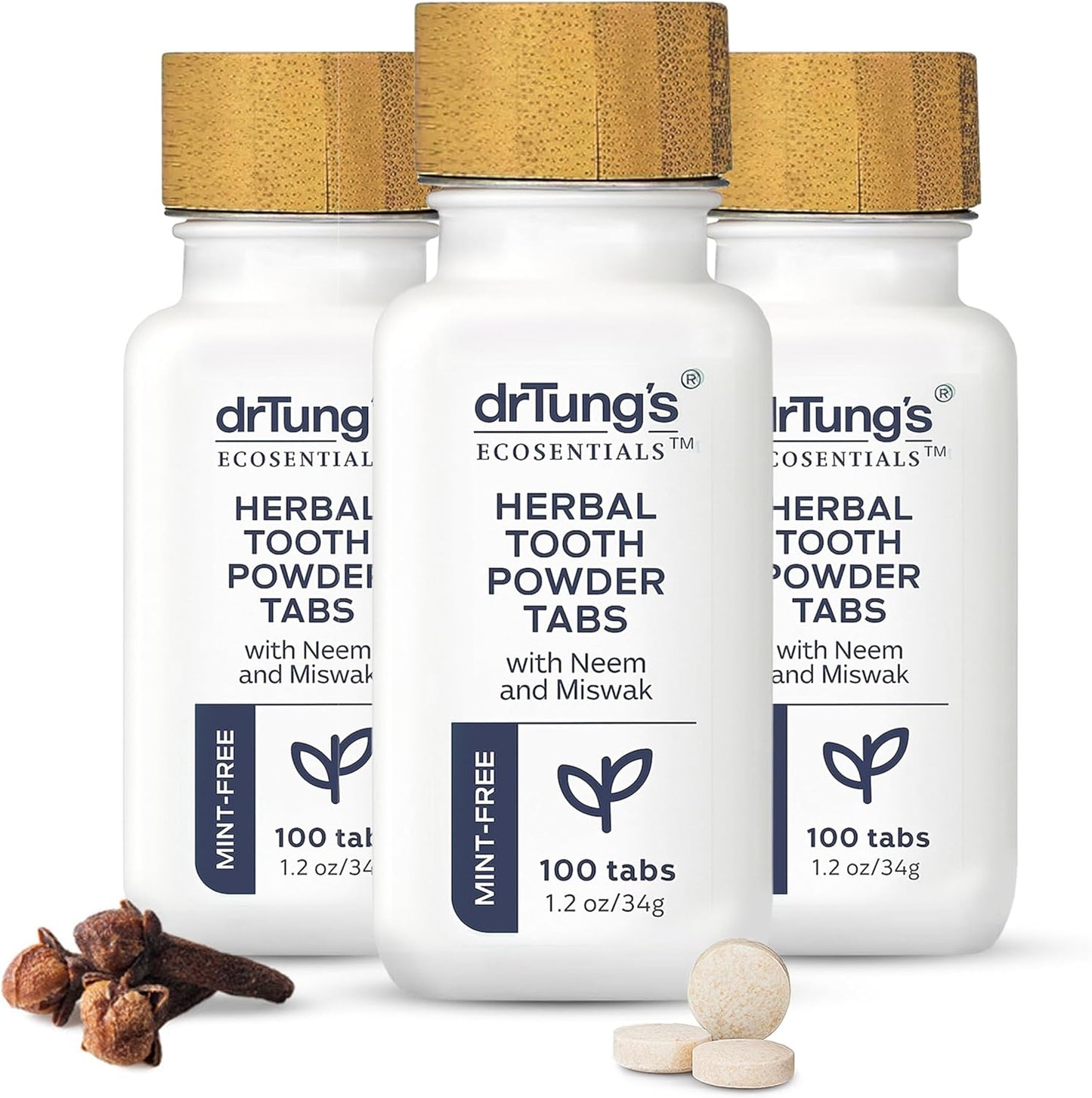 drTung's Herbal Toothpaste Tablets - Toothpaste Tabs for Dry Mouth Relief, Natural Tooth Powder Tablets for Fresh Breath, Fluoride Free, Travel Size, Vegan, Non-GMO - Mint-Free (100 Tabs), 3-Pack