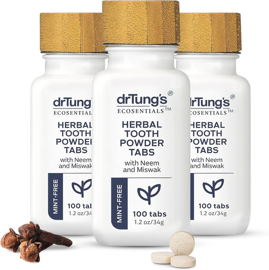 drTung's Herbal Toothpaste Tablets - Toothpaste Tabs for Dry Mouth Relief, Natural Tooth Powder Tablets for Fresh Breath, Fluoride Free, Travel Size, Vegan, Non-GMO - Mint-Free (100 Tabs), 3-Pack