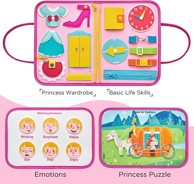Freebear Deluxe Pink Princess Quiet Book Sensory Board for Toddlers 1-4, Montessori Educational Toys for Girls, Travel Toys with Activities