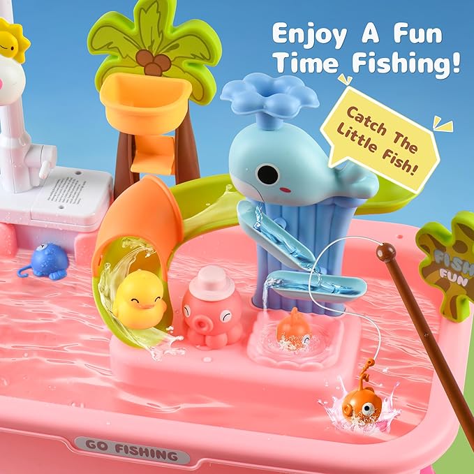 2026 Upgraded Toddler Sand Water Table Toy with Electric Water Pump, Kids Sand Water with Faucet/Play Food Accessories/Fishing Toy, Kitchen Play Sink Toys for Girl Boy Age 3+ (Pink)