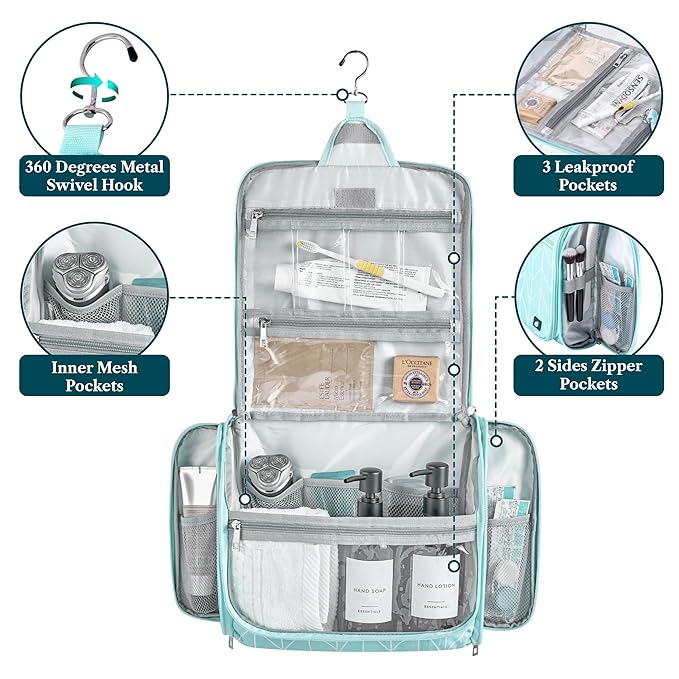 PAVILIA Large Hanging Toiletry Bag Travel Bag Women Men, Cosmetic Organizer, Water Resistant Makeup Bag Accessories Toiletries, Travel Essentials Kit, Teal Chevron