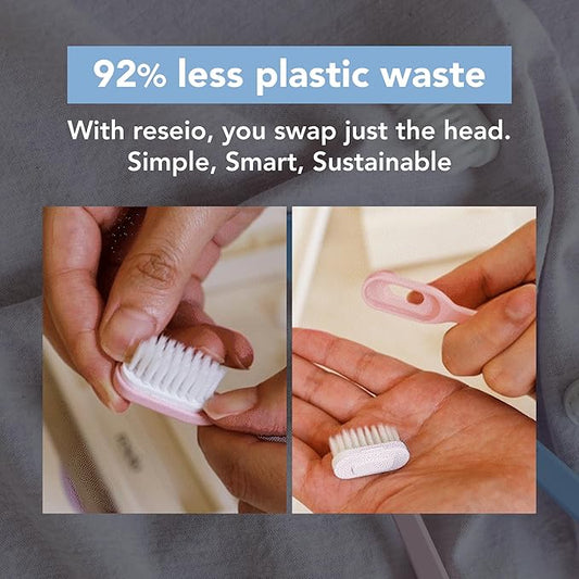 Reseio Eco Toothbrush Set with 3 Replaceable HeadsㅣSoft BristlesㅣPlastic-FreeㅣBPA-FreeㅣSustainable Oral CareㅣTravel Pouch Included - Pink