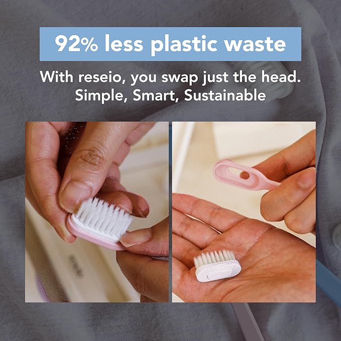 Reseio Eco Toothbrush Set with 3 Replaceable HeadsㅣSoft BristlesㅣPlastic-FreeㅣBPA-FreeㅣSustainable Oral CareㅣTravel Pouch Included - Blue