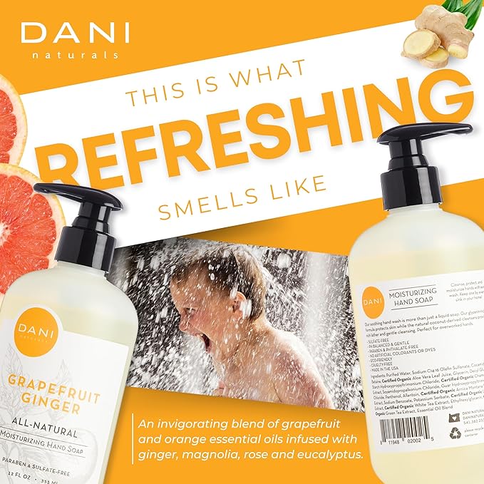 DANI Naturals Moisturizing Hand Soap – Grapefruit Ginger Scent, Hydrating, Sulfate-Free & Paraben-Free, 12 Oz Bottle with Pump, Gentle Cleansing for Dry Skin