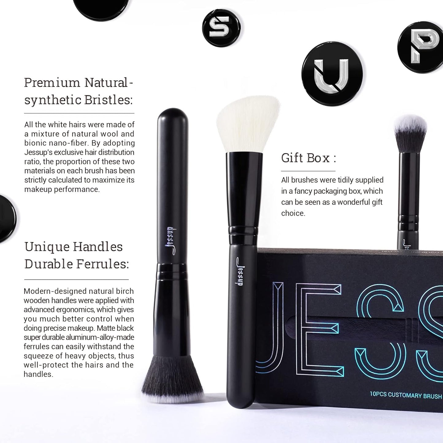 Jessup Makeup Brush Set 10pcs Black Make up Brushes Set Professional with Natural Synthetic Hair for Foundation Blending Blush Concealer Eyeshadow Eyebrow Eyeliner, T323