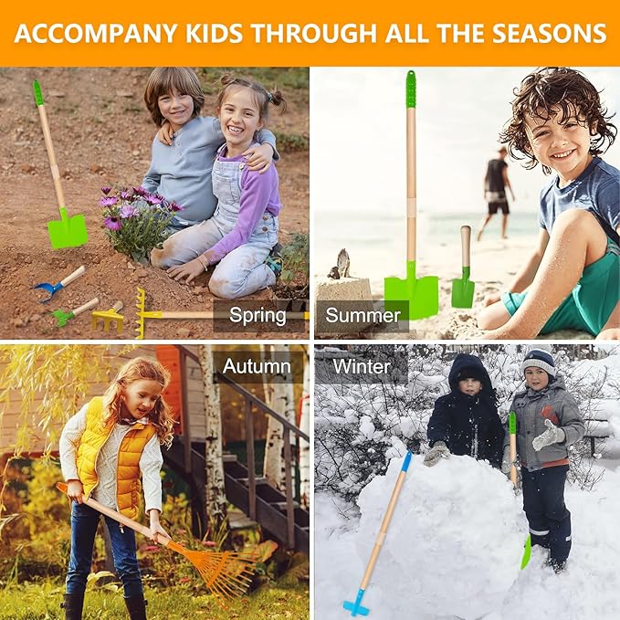 8PCS Kids Gardening Tools, Kids Rake and Shovel Set, Toddler Outdoor Yard Tools, Garden Toys Gifts for Boys Girls Age 3 4 5 6 7 8 Years Old