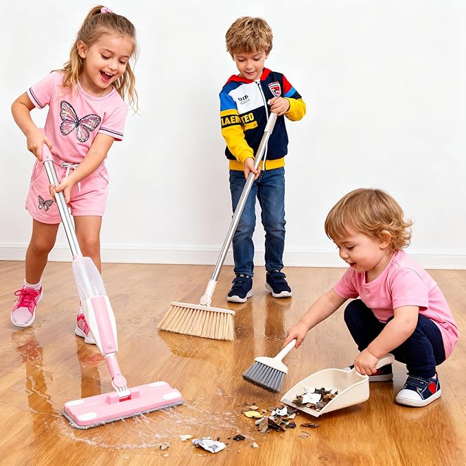 Toddler Gifts Cleaning Toy Sets, Real Working Water-Spraying Mop Toy & Kids Broom Dustpan Set, Montessori Mini Kids Spray Mop, Toddler Cleaning Set for Floor, Christmas Birthday Gifts for Age 3+