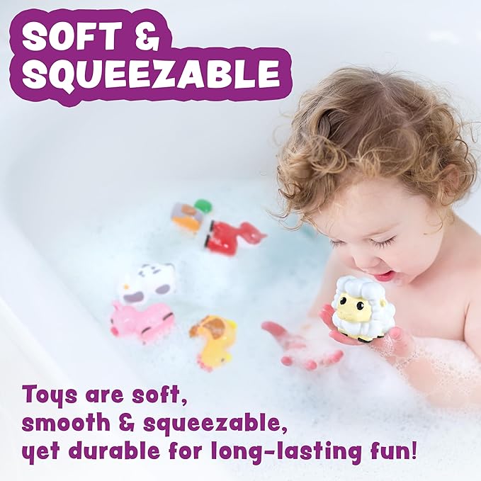 Tub Works® Barnyard™ Mold Free Bath Toys, 12 Pack | Sealed, No Hole Bath Toys Design Keeps Moisture Out | Soft, Squeezable & Float on Water | Farm Animals Baby & Toddler Bathtub Toys | Baby Pool Toys
