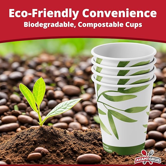 50Pk of 12Oz Recyclable Hot Drink Cups Wood Stirrers and Cardboard Coffee Sleeves. Biodegradable Compostable and Disposable Decorative White Coffee Cups Useful for Eco Friendly Business and Cafes.