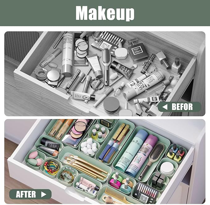 28 pcs Desk Drawer Organizer Tray, Multiple Sizes Plastic Drawer Organizer Storage, Stackable Organizer Containers For Makeup, Bedroom, Kitchen Gadgets Utensils and Office