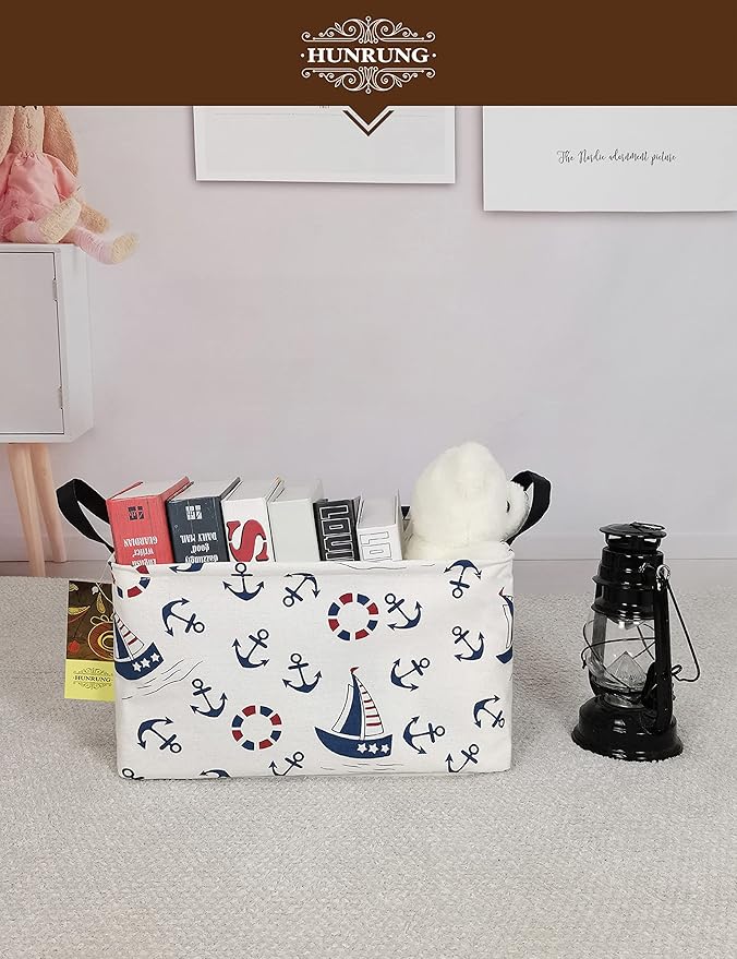 HUNRUNG Rectangle Storage Basket Cute Canvas Organizer Bin for Pet/Children Toys, Books, Clothes Perfect for Rooms/Playroom(REC-Blue anchor)