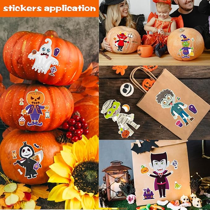48 Sheets Halloween Make a Face Stickers for Kids, 16 Design Make Your Own Character Mix and Match Stickers Sheets Halloween Party Crafts Trick or Treat