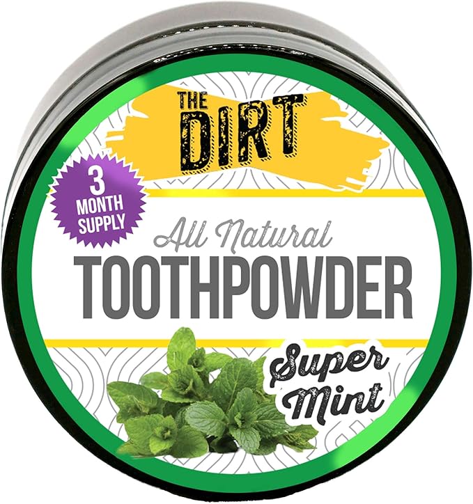 The Dirt - Remineralizing Tooth Powder, Natural Fluoride-Free Teeth Whitening Powder with Hydroxyapatite, Flouride & Gluten Free, Organic Vegan (Super Mint, 25g: 3 Month Supply)