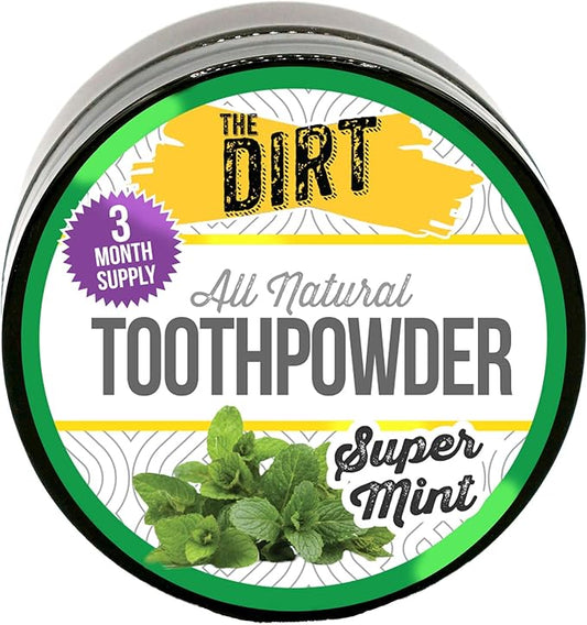The Dirt - Remineralizing Tooth Powder, Natural Fluoride-Free Teeth Whitening Powder with Hydroxyapatite, Flouride & Gluten Free, Organic Vegan (Super Mint, 25g: 3 Month Supply)