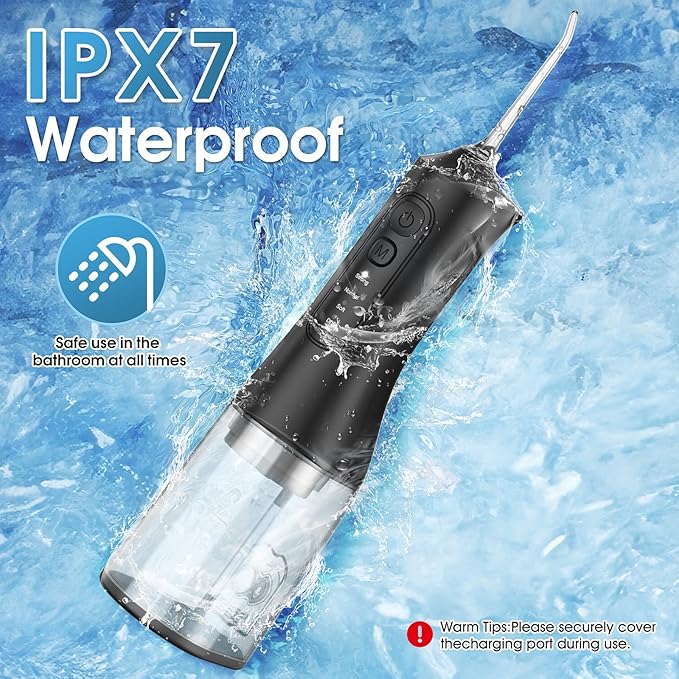 Water Flosser, Rechargeable 300ML IPX7 Waterproof Cordless Portable Oral Irrigator with 4 Modes & 6 Replaceable Jet Tips-Professional Flossing Cleaner for Daily Home Use,Travel,Gums,Braces Care(Black)