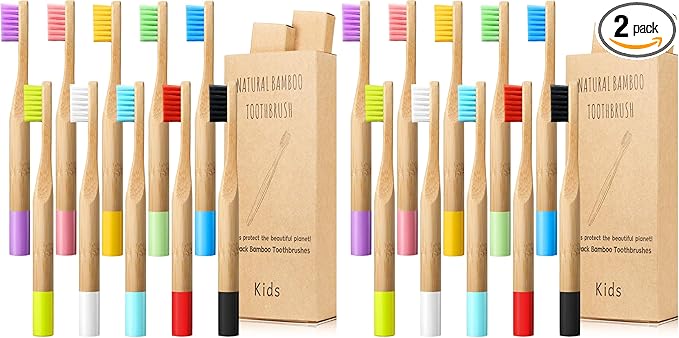 10 Piece Kids Bamboo Toothbrush Set - Natural Soft Bristle, Wooden, Toddler to Adult, Organic, BPA-Free, Colorful Travel Pack (Pack of 2)