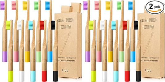 10 Piece Kids Bamboo Toothbrush Set - Natural Soft Bristle, Wooden, Toddler to Adult, Organic, BPA-Free, Colorful Travel Pack (Pack of 2)