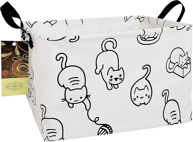 HUNRUNG Rectangle Storage Basket Cute Canvas Organizer Bin for Pet/Children Toys, Books, Clothes Perfect for Rooms/Playroom(REC-Black cat)