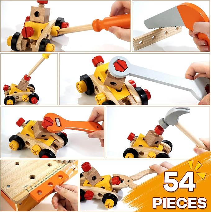 KIDWILL Wooden Tool Bench for Kids, 54-Piece Kids Tool Set with 2-in-1 Workbench & Take-Along Tool Kit, STEM Educational Toy Tools for Kids Ages 3 4 5 6 7 8 Years Old, Boy Toys