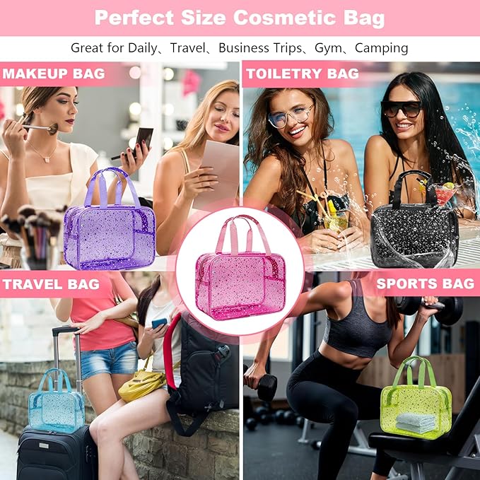 Clear Red Star Large Makeup Bag with Star Pattern 12x5x8 inch, Travel Cosmetic Bag with Handle, Durable PVC Material Washbag Zipper Opening Design for Makeup Travel Organizer or Gym Use