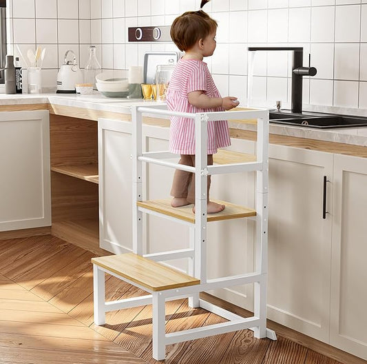 Kitchen Step Stool for Toddlers, Height Adjustable Toddler Tower with Safety Rail, Steel and Wood Toddler Kitchen Stool Helper Kids, Stool for Kids, Learning Tower, Kids' Desk Wood White