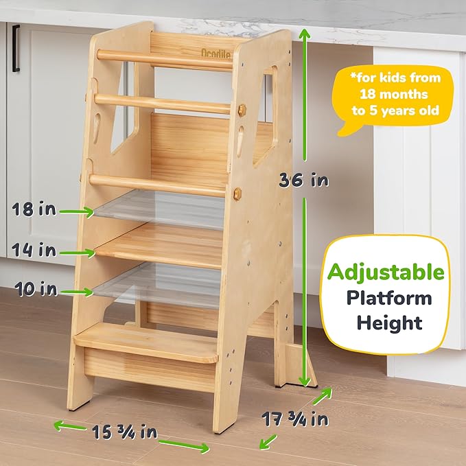 OCODILE Toddler Standing Tower - Adjustable Height Toddler Kitchen Stool Helper - Ideal Kids Kitchen Step Stool for Learning New Skills - Updated Design with Safety Feet - Varnished