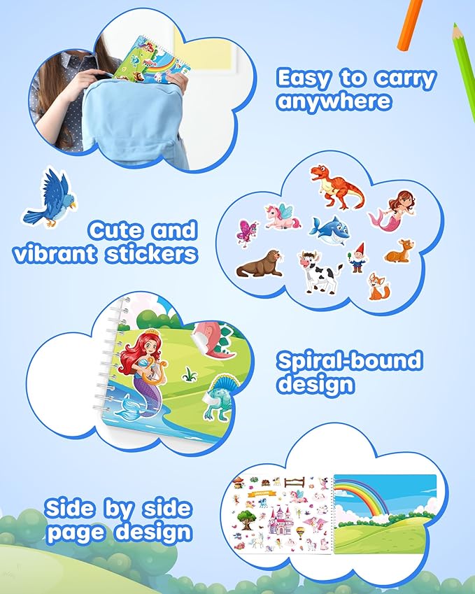 D-FantiX Animal Sticker Books for Toddlers 2-4 Years, Coloring Books for Kids Ages 2-4-6-8, 500+ Kids Stickers, Toddler Toys Road Trip Activities, Gifts for Girls Boys, Christmas Stocking Stuffers