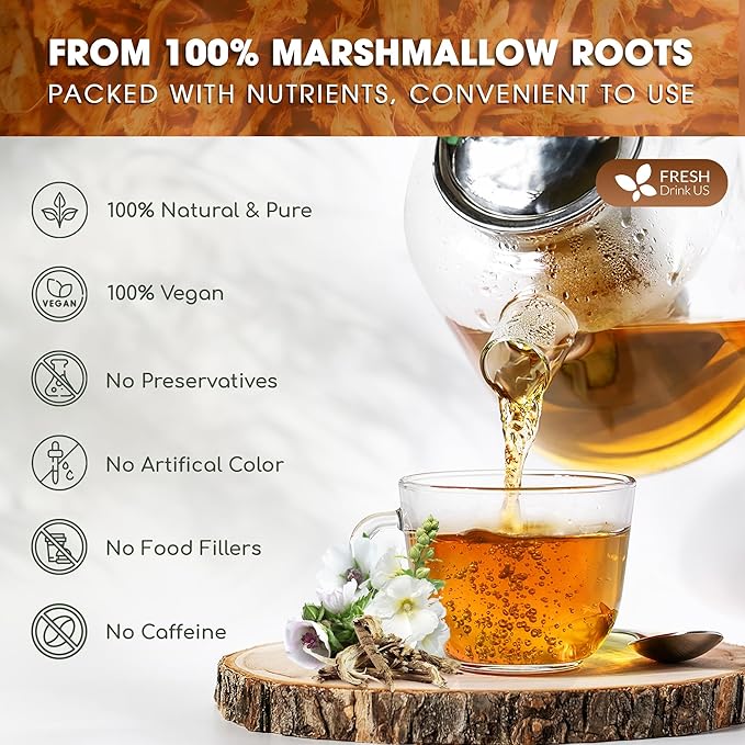 FreshDrinkUS, Premium 75 Marshmallow Root Tea Bags, 100% Natural & Pure from Marshmallow Root, Eco-Conscious Tea Bags, Herbal Tea. No Sugar, No Caffeine, No Gluten, Vegan.