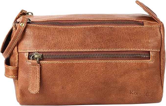 KomalC Premium Buffalo Leather Toiletry Bag for Men & Women – Leather Dopp Kit With Water resistant Lining, Premium Toiletry Travel Pouch, Unisex Wash Bag for Toiletries, Gifts for Men and Women