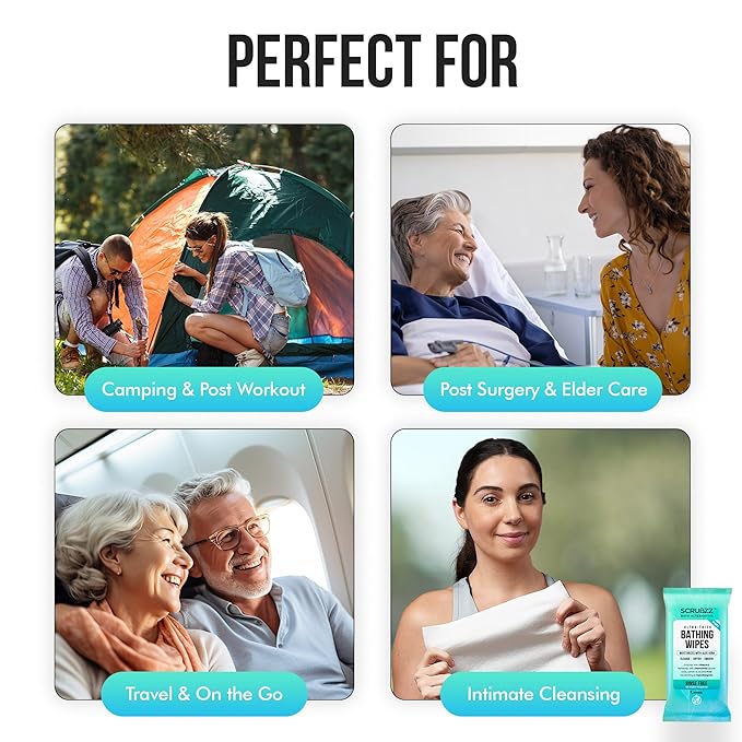 Extra Large Bath Wipes for Adults No Rinse - 120 Disposable Body Cleansing Cloths for Men, Women & Elderly - Great for Gym, Camping, Post Surgery