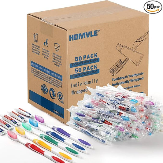 Homvle 50 Packs Individually Wrapped Buld Toothbrush and Toothpaste, Disposable Toothbrush with Toothpaste for Travel Ttoothbrush Toiletries, OCC, Airbnb, Dentist, Office/5 Colorful