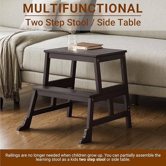 COSYLAND Kids Kitchen Step Stool, Toddler Standing Tower with CPC Certification, Removable Anti-Drop Railing Unique Patented Design A Anti-tip Stable Structure 1.5-3 Years Black Walnut Color