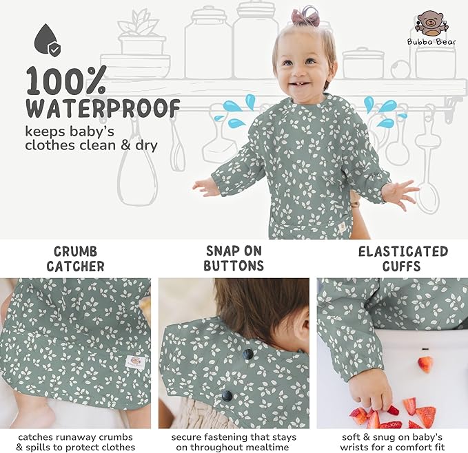 Bubba Bear Baby Bib with Sleeves, Long Sleeve Toddler Feeding Apron Bibs for Eating & Lead Weaning, Mess Proof Full Sleeved
