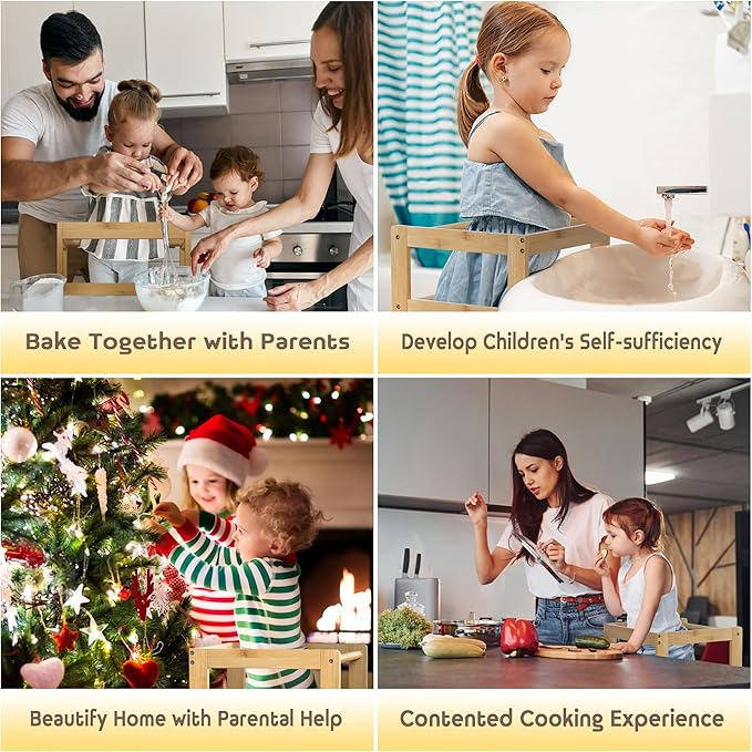 Kitchen Step Stool for Toddlers with Safety Rail, Wooden Toddler Standing Tower Kids Montessori Learning Stool Helper with A Anti-tip Structure for Kitchen Bathroom, Anti-Slip, Natural