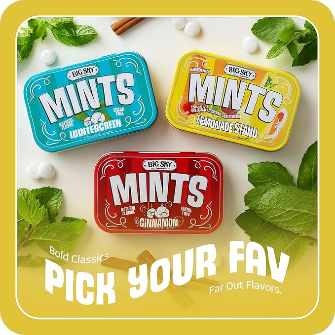 Big Sky Sugar Free Lemonade Stand Mints - 50 Count Tin (Pack of 6) | Kosher Certified, Vegan Candy | Aspartame & Gluten Free | Lemon Mint Flavored Sugar Free Mints for Travel, Sharing & Fresh Breath