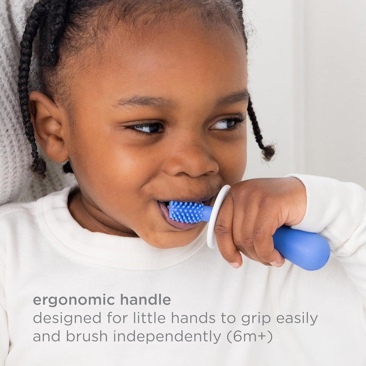 Ubbi 360° Baby Training Toothbrush with Safety Shield and Cover, Food-Grade Platinum Silicone, Gentle Cleaning for Infants, Polaris Blue