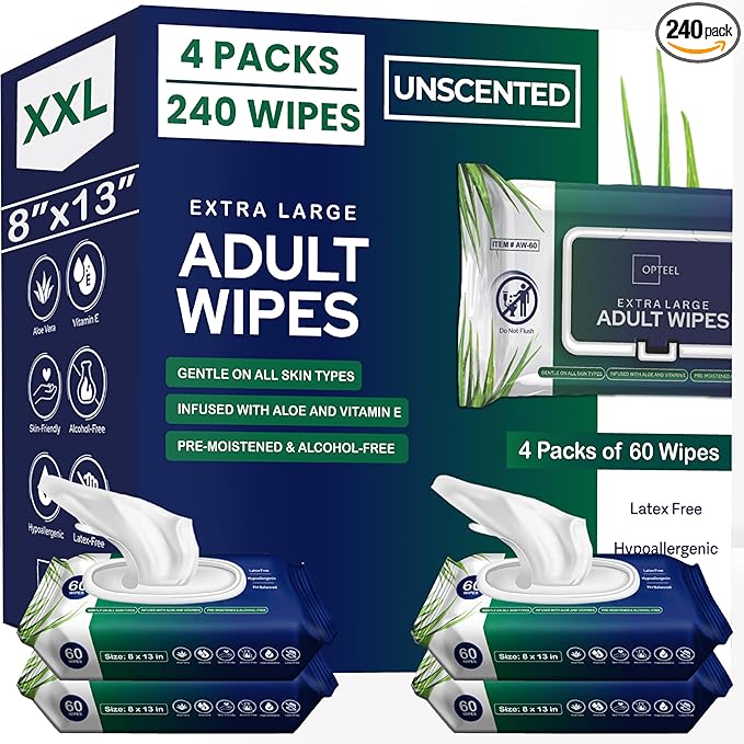 Adult Wipes For Elderly - 8"x13" Extra Large & Soft Wet Wipes for Adults Bathing No-Rinse - Incontinence Disposable Washcloths, Vitamin E & Aloe Infused for Men & Women 240ct (4 Packs of 60)