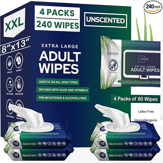 Adult Wipes For Elderly - 8"x13" Extra Large & Soft Wet Wipes for Adults Bathing No-Rinse - Incontinence Disposable Washcloths, Vitamin E & Aloe Infused for Men & Women 240ct (4 Packs of 60)