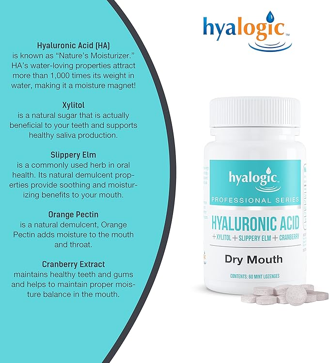 Hyalogic Oral Care Dry Mouth Mints - Hyaluronic Acid HA & Xylitol Lozenges for Hydration - Natural Mint Breath Freshener, Sugar-Free & Vegan Friendly (60 ct)