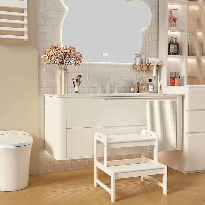 Step Stool for Kids Bamboo Toddler Two Steps Stool with Anti-Slip and Handles Stairs 300 lbs Capacity for Bathroom Kitchen Bedroom(White)