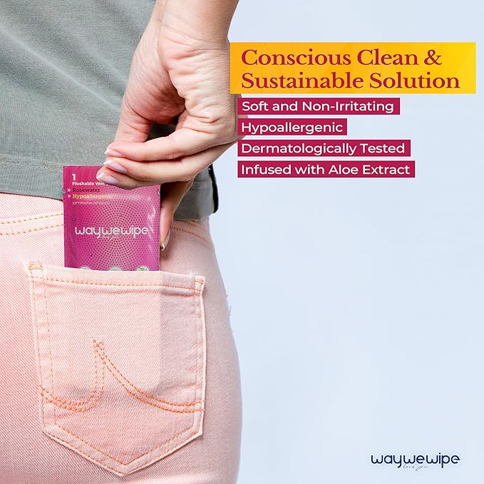On-The-Go Flushable Feminine Wet Wipes, 32 Count XL Individually Wrapped Female Wipes, Hypoallergenic 100% Plant Based Septic Safe, Travel Size Adult Cleansing Cloth for Women, Rosewater