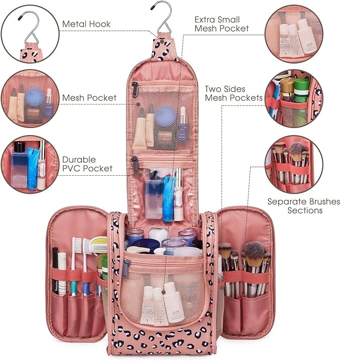 Narwey Cheetah Small Hanging Toiletry Bag Women Travel Makeup Bag Organizer Toiletries Bag for Travel Size Essentials Accessories Cosmetics (Medium, Orange Leopard)