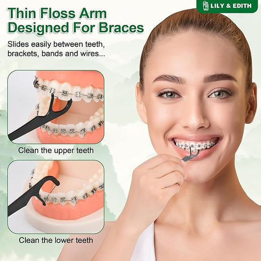 LILY & EDITH Orthodontic Flossers for Braces for Adult & Kid, 240 Count, Ortho Dental Floss Picks, Fluoride & Chemical Free, Fits Under Arch Wire, Bamboo Charcoal Flosser Remove Plaque, Unflavored