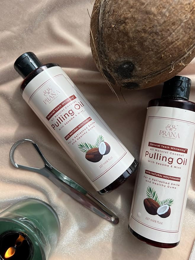 PRANA Coconut Pulling Oil Mouthwash with Tongue Scraper- Ayurvedic Oils for Clean Rinse with Coconut Oil & Clove & improving Teeth & Gum Health - Teeth Pulling Oil Keeps Your Mouth Refreshed- (3 Pack)