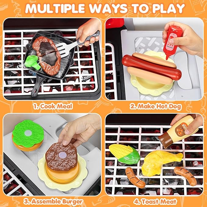 Kids Play Kitchen Toys, Kids BBQ Grill Playset with Smoke Sound Light, 2-Layer Barbecue Toy with Wheels, Outdoor Play Food Toys Cooking Set for Toddlers 3-5, Birthday for Boys Girls