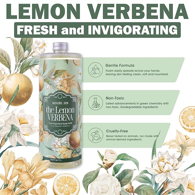 ROMIIE ZOI Foaming Hand Soap Refill Gift Set-3 Pack with Dispenser, Cruelty-Free and Biodegradable Formula, Moisturizing with Essential Oil for Sensitive Skin,Wild Lemon Verbena Scent,(33.8 Fl Oz x 3)