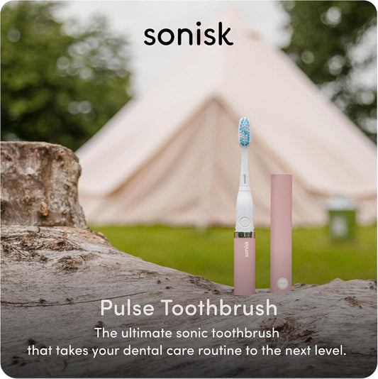 Sonisk Pulse | Battery Powered Electric Toothbrush | Sonic Technology | 1x Battery, 2X Brush Heads, 1x Travel Case Included | 31,000 Strokes Per Minute | Portable Size | Dusty Pink