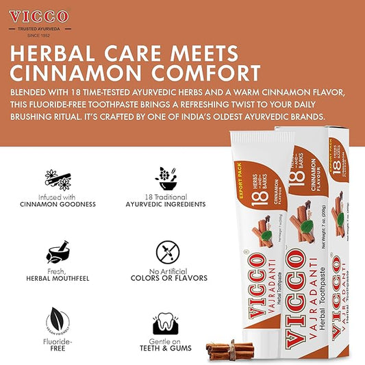 Vicco Vajradanti Ayurvedic Herbal Toothpaste by Vicco – 70 Year Legacy of Ayurveda, Cinnamon Flavour, with 18 Ayurvedic Herbs & Barks, 100% Natural, Vegan, Fluoride-Free & Cruelty-Free – 7 oz (1 Pack)